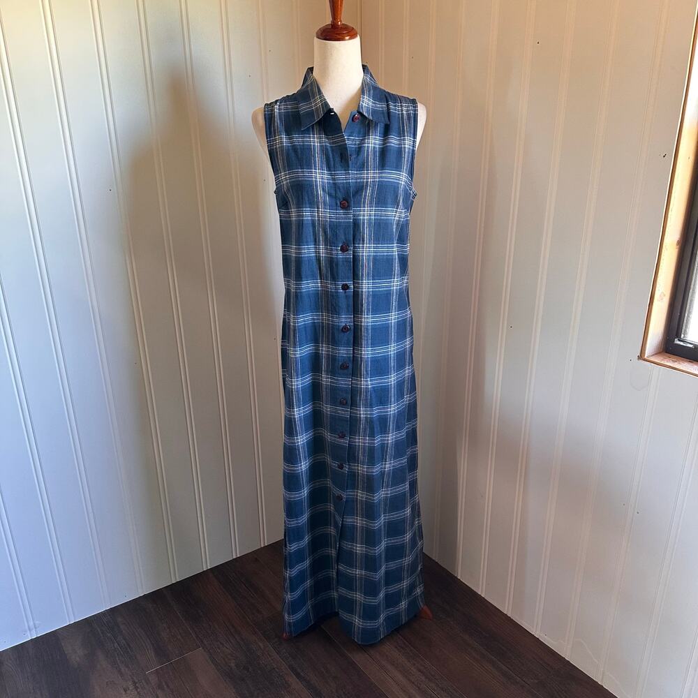 Vintage 90s Twee Blue Plaid Maxi Dress M